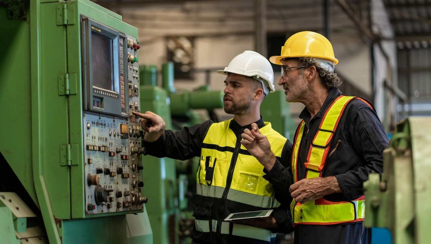 An engineer explains how a machine works to a colleague